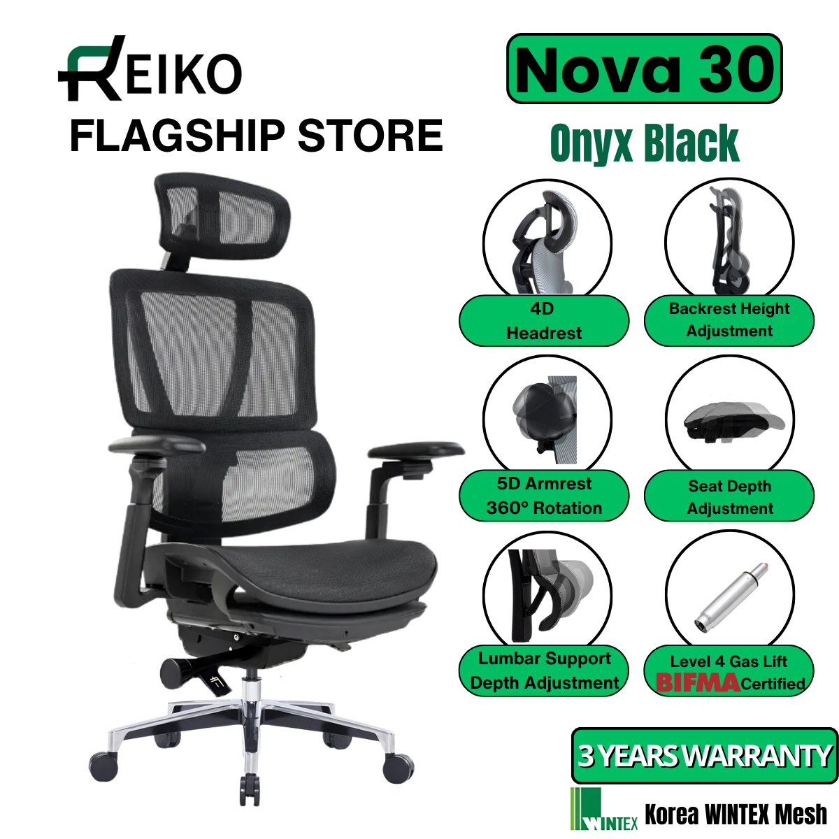 Reiko Nova 30 Full Mesh Ergonomic Chair - 3 Years Warranty (Office Chair, Adjustable Lumbar Chair, Gaming Chair)