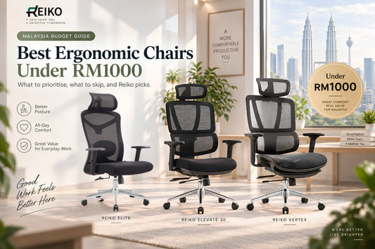 Best ergonomic chairs under RM1000 in Malaysia: Reiko Elite, Elevate 30 and Vertex in an office overlooking KL