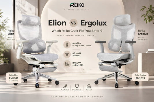 Reiko Elion vs Reiko Ergolux ergonomic chair comparison, both with pedal footrest, in a bright home office