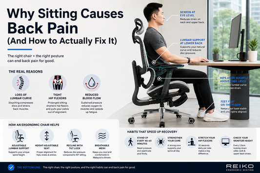 Man sitting at a desk in a Reiko ergonomic chair, illustrating the causes of back pain from prolonged sitting