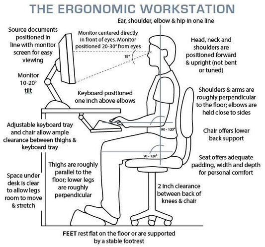 e level, elbows at 90°, lumbar support, feet f
