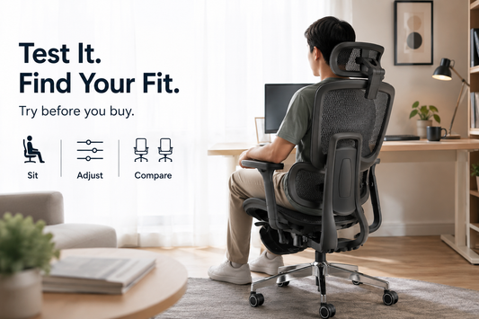 Person testing a Reiko ergonomic chair at a desk, with icons highlighting the showroom experience: try before you buy, adjust to fit, and compare models