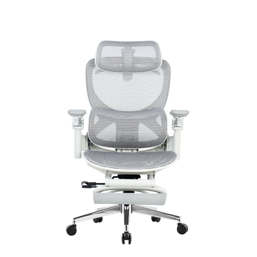 Reiko Elion ergonomic chair – Cream White, front view with footrest extended