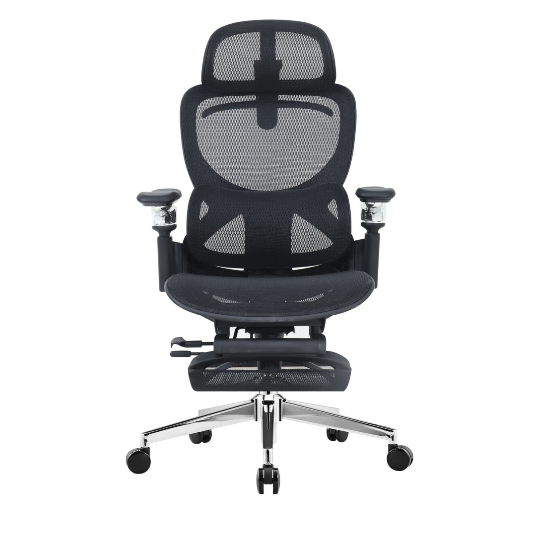 Reiko Elion ergonomic chair – Onyx Black, front view with footrest extended