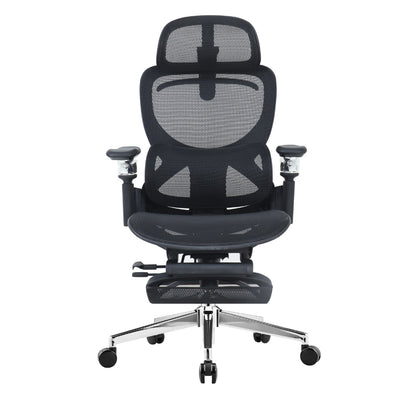 Reiko Elion ergonomic chair – Onyx Black, front view with footrest extended
