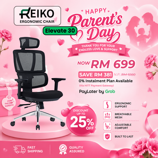 Reiko Elevate 30 fabric cushion ergonomic office chair Malaysia - adjustable lumbar support 3 year 