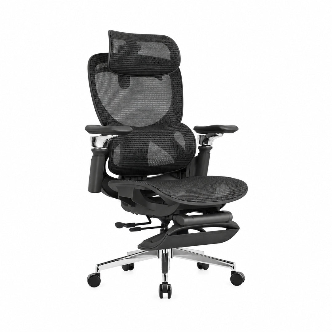 Reiko Elion ergonomic chair – Onyx Black, front angle view with footrest extended (reclined)