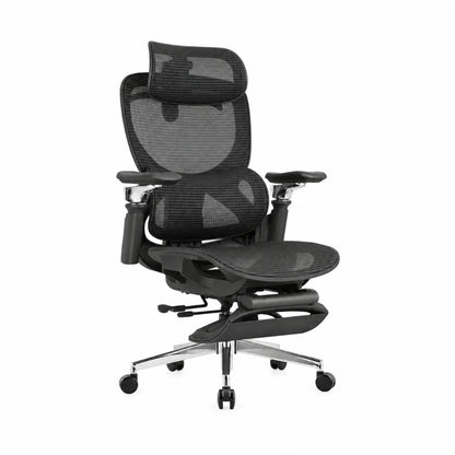 Reiko Elion ergonomic chair – Onyx Black, front angle view with footrest extended (reclined)