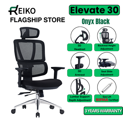 Reiko Elevate 30  Ergonomic Chair Fabric Cushion Seat Chair - 3 Years Warranty (Office Chair, Ergonomic Chair, Gaming)