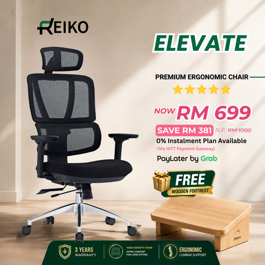 Reiko Elevate 30 fabric cushion ergonomic office chair Malaysia - adjustable lumbar support 3 year 