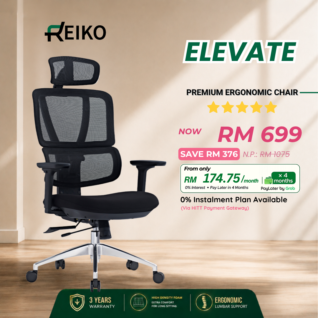 Reiko Elevate 30 fabric cushion ergonomic office chair Malaysia - adjustable lumbar support 3 year 