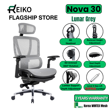 Reiko Nova 30 Full Mesh Ergonomic Chair - 3 Years Warranty (Office Chair, Adjustable Lumbar Chair, Gaming Chair)