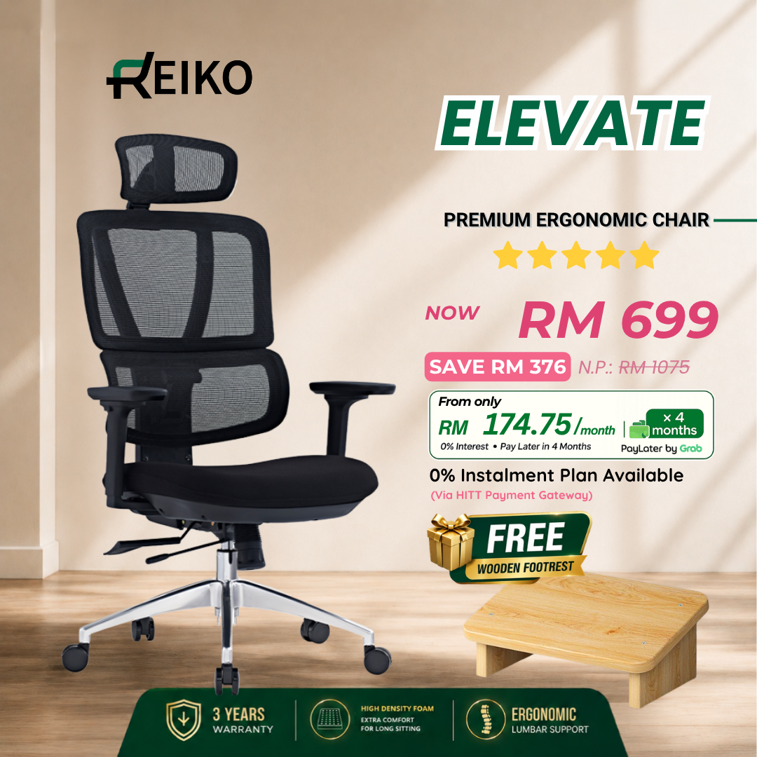 Reiko Elevate 30 fabric cushion ergonomic office chair Malaysia - adjustable lumbar support 3 year 