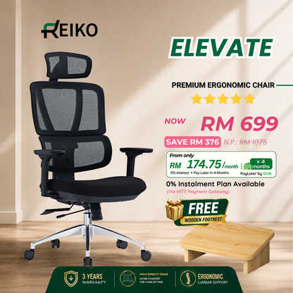 Reiko Elevate 30 fabric cushion ergonomic office chair Malaysia - adjustable lumbar support 3 year 