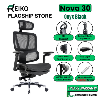 Reiko Nova 30 Full Mesh Ergonomic Chair - 3 Years Warranty (Office Chair, Adjustable Lumbar Chair, Gaming Chair)