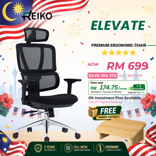 Reiko Elevate 30 fabric cushion ergonomic office chair Malaysia - adjustable lumbar support 3 year 