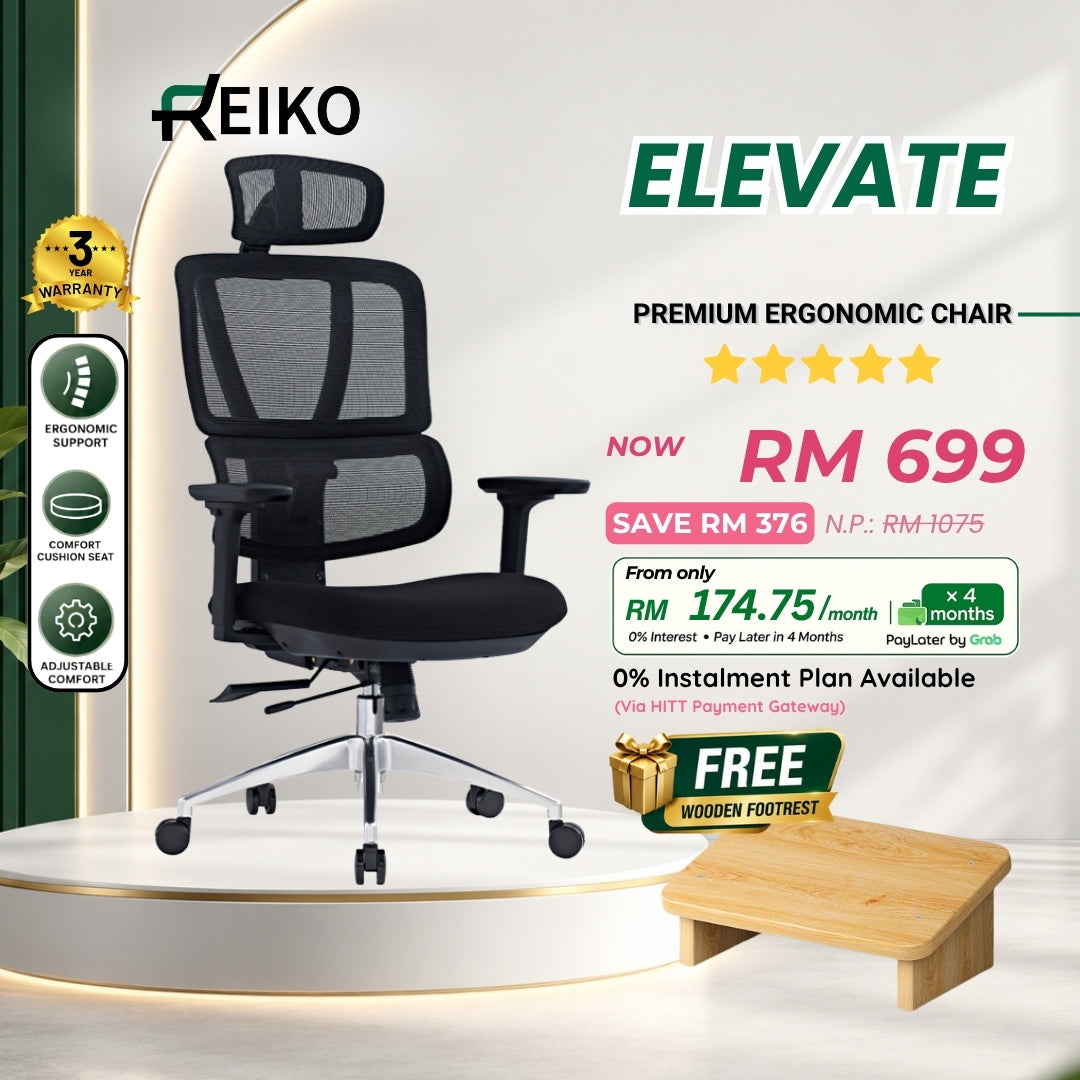Reiko Elevate 30 fabric cushion ergonomic office chair Malaysia - adjustable lumbar support 3 year 