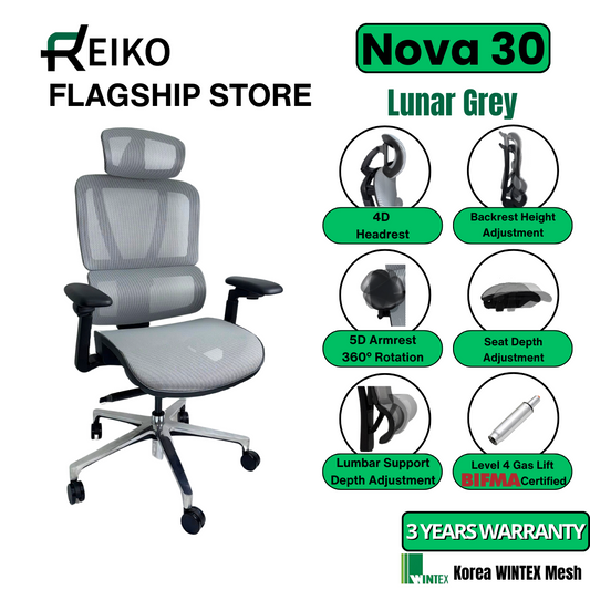 Reiko Nova 30 Full Mesh Ergonomic Chair - 3 Years Warranty (Office Chair, Adjustable Lumbar Chair, Gaming Chair)