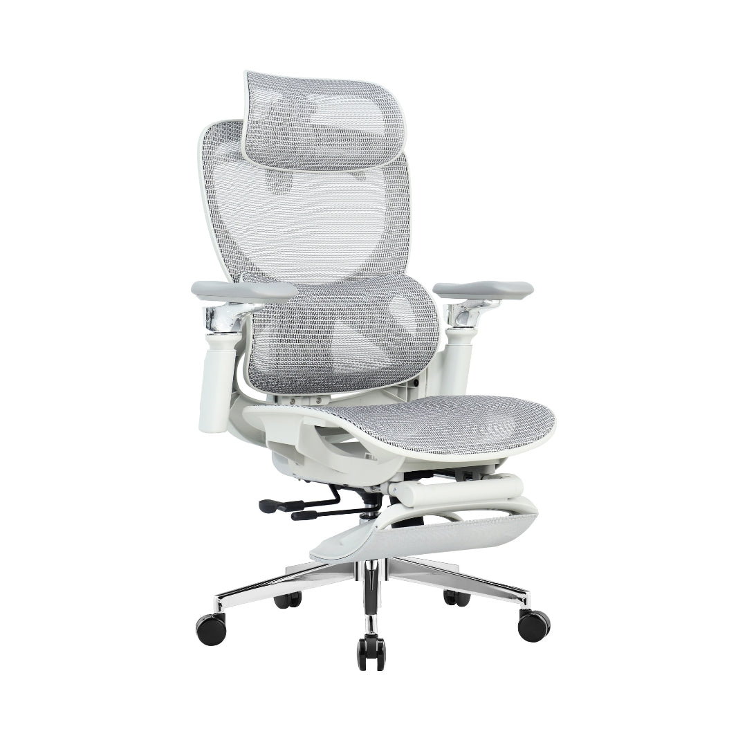 Reiko Elion ergonomic chair – Cream White, front angle view with footrest extended