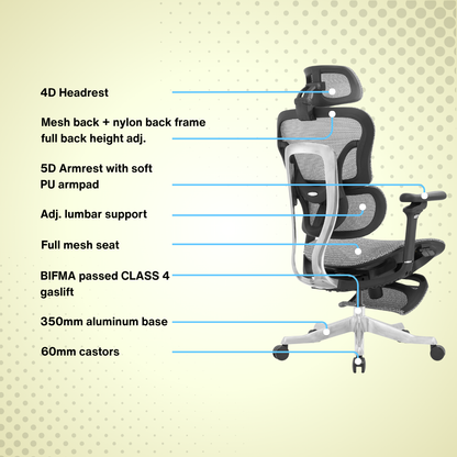 Reiko Orbit with Pedal Ergonomic Chair Full Mesh Chair - 5 Years Warranty (Office Chair, Adjustable Lumbar Chair, Gaming Chair)