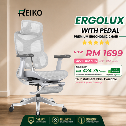 Reiko Ergolux best seller ergonomic office chair Malaysia - full mesh 5 year warranty Cream White