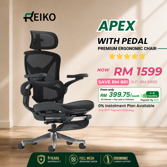 Reiko Apex ergonomic chair in Onyx Black with free wooden footrest, full mesh, 5-year warranty