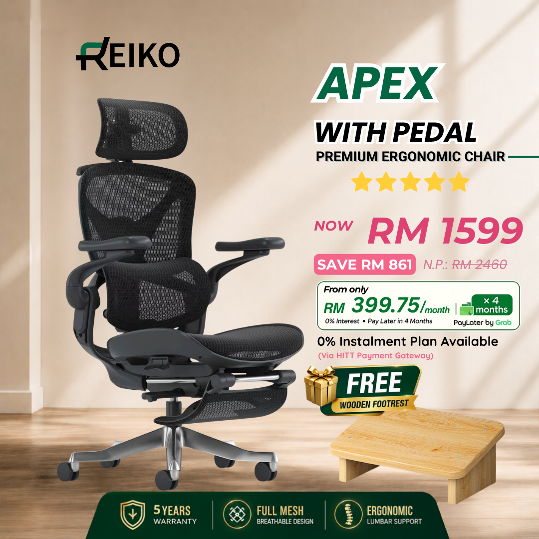 Reiko Apex ergonomic chair in Onyx Black with free wooden footrest, full mesh, 5-year warranty