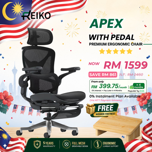 Reiko Apex ergonomic chair in Onyx Black with free wooden footrest, full mesh, 5-year warranty