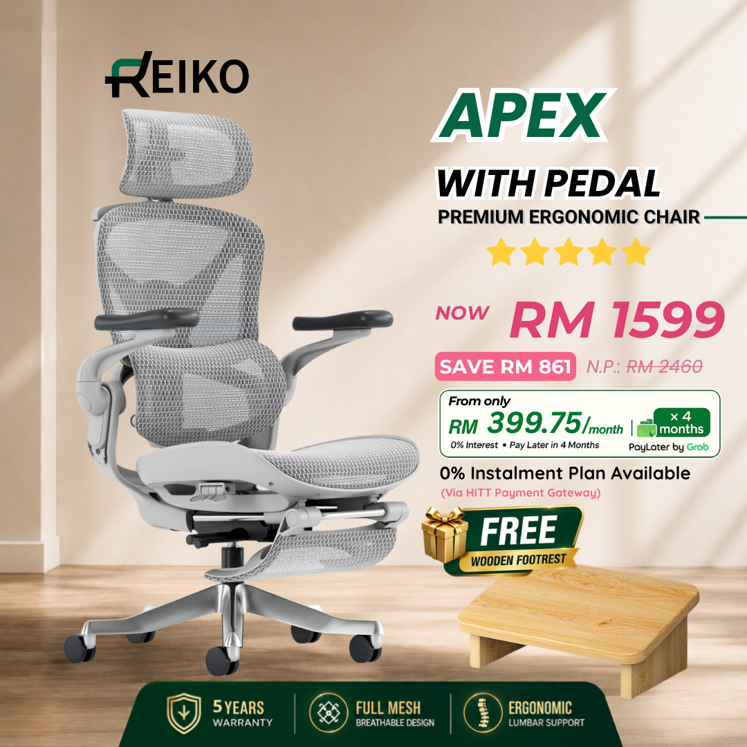 Reiko Apex ergonomic chair in Cream White with free wooden footrest, full mesh, 5-year warranty
