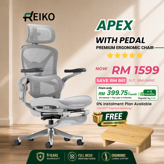 Reiko Apex ergonomic chair in Cream White with free wooden footrest, full mesh, 5-year warranty
