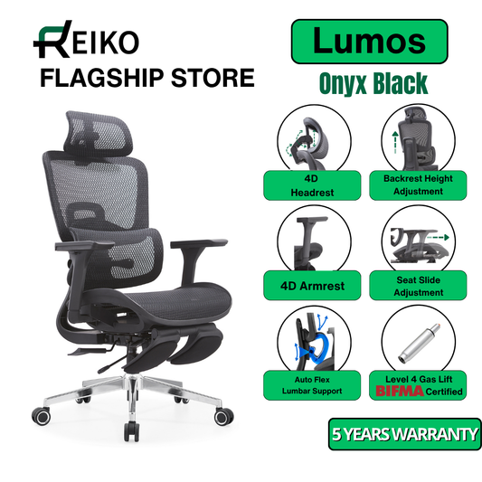 Reiko Lumos with Pedal Ergonomic Chair Full Mesh Office Chair, Adjustable Lumbar Chair, Gaming Chair - 5 Years Warranty