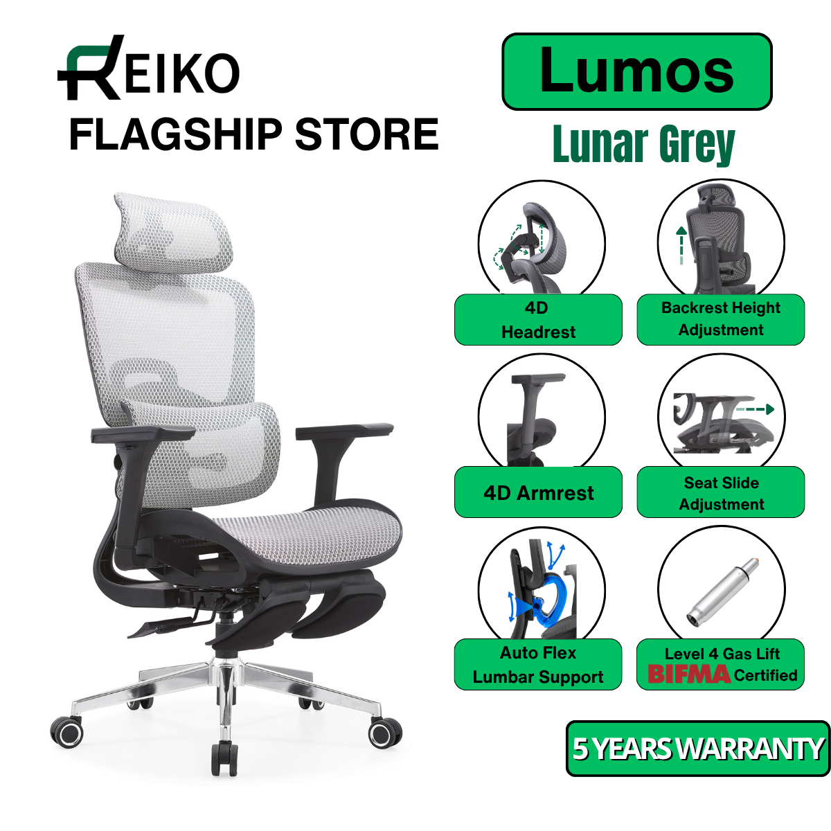 Reiko Lumos with Pedal Ergonomic Chair Full Mesh Office Chair, Adjustable Lumbar Chair, Gaming Chair - 5 Years Warranty