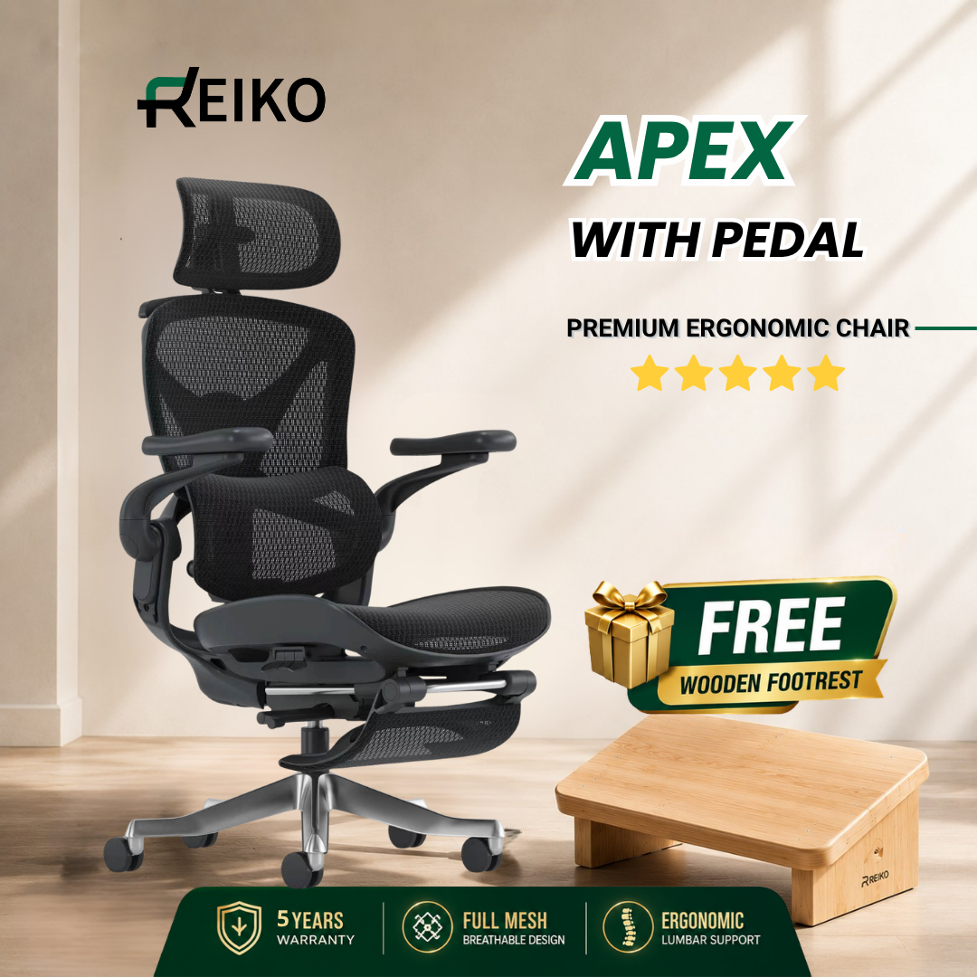 Reiko Apex ergonomic chair in Onyx Black with free wooden footrest, full mesh, 5-year warranty