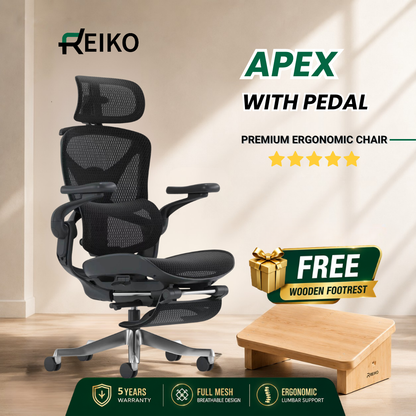 Reiko Apex ergonomic chair in Onyx Black with free wooden footrest, full mesh, 5-year warranty