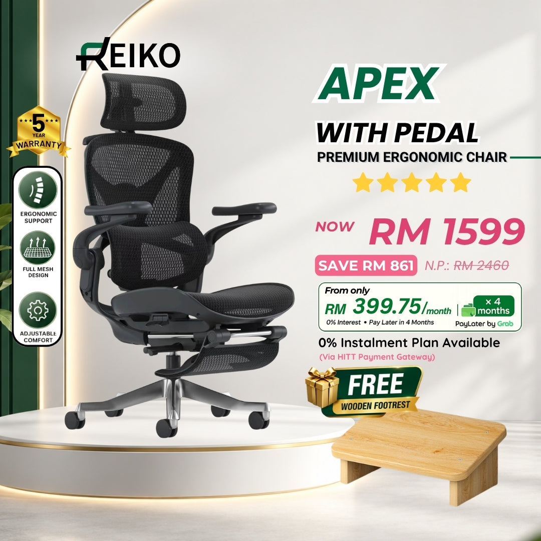 Reiko Apex ergonomic chair in Onyx Black with free wooden footrest, full mesh, 5-year warranty