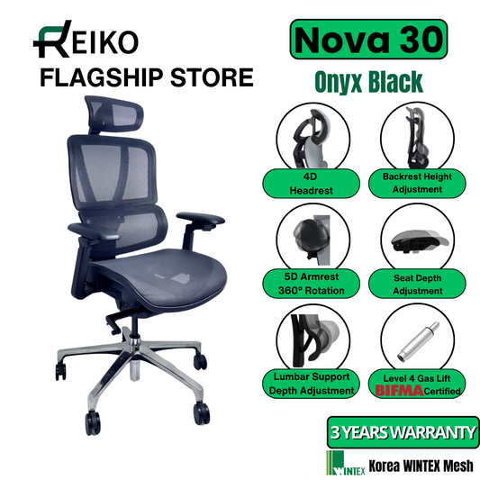 Reiko Nova 30 Full Mesh Ergonomic Chair - 3 Years Warranty (Office Chair, Adjustable Lumbar Chair, Gaming Chair)