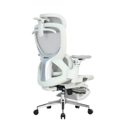 Reiko Elion ergonomic chair – Cream White, back angle view with footrest extended