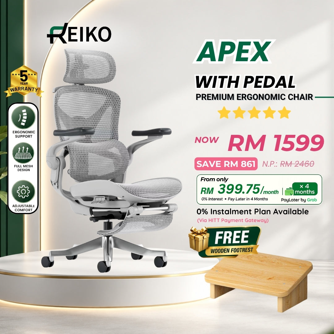 Reiko Apex ergonomic chair in Cream White with free wooden footrest, full mesh, 5-year warranty