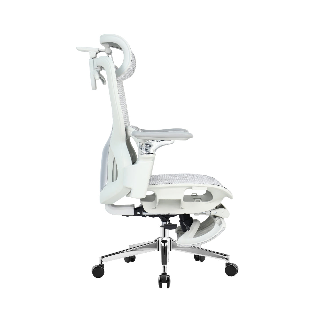 Reiko Elion ergonomic chair – Cream White, side view with footrest extended