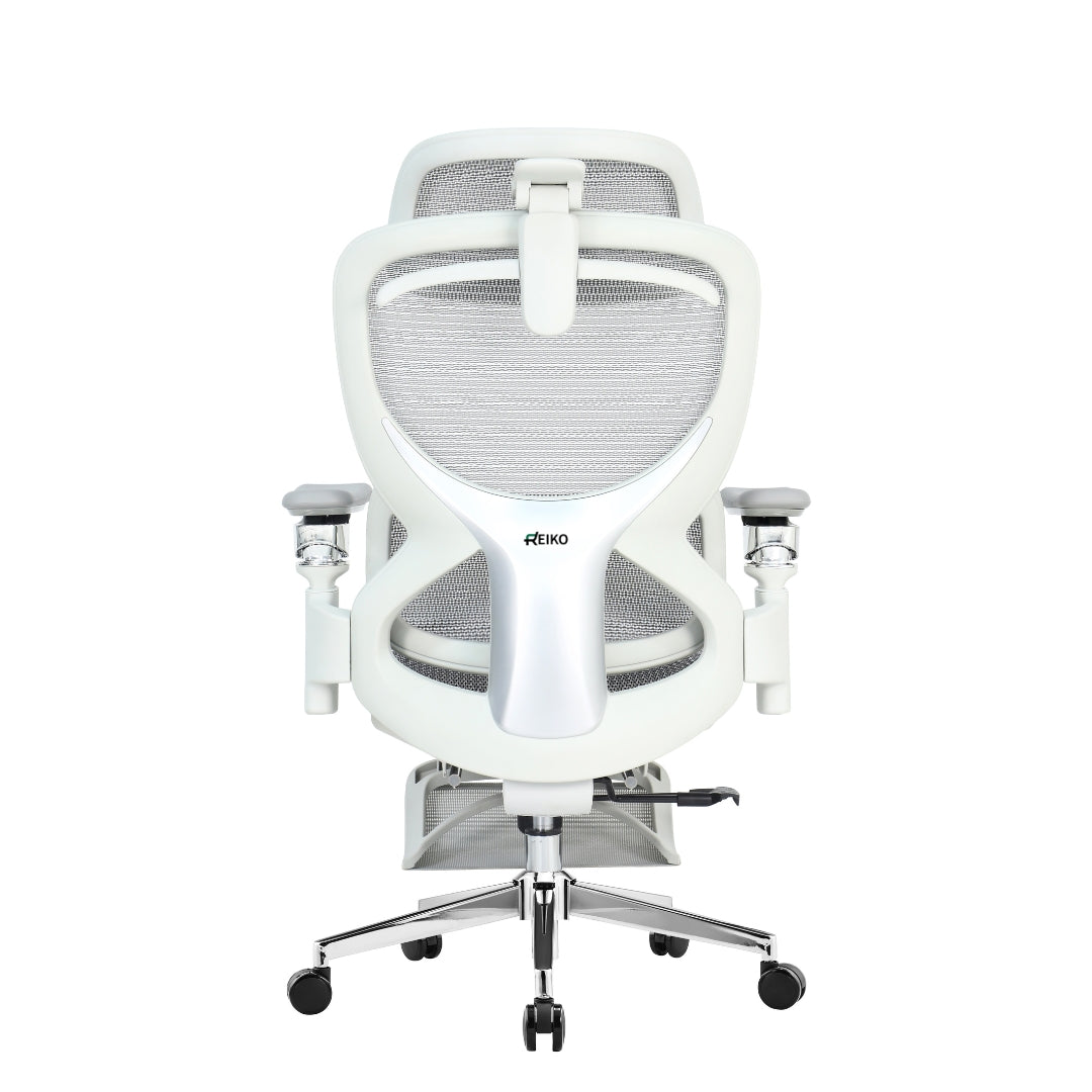 Reiko Elion ergonomic chair – Cream White, back view with footrest extended