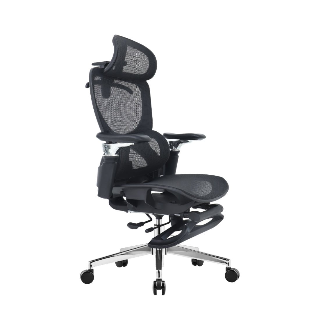 Reiko Elion ergonomic chair – Onyx Black, front angle view with footrest extended