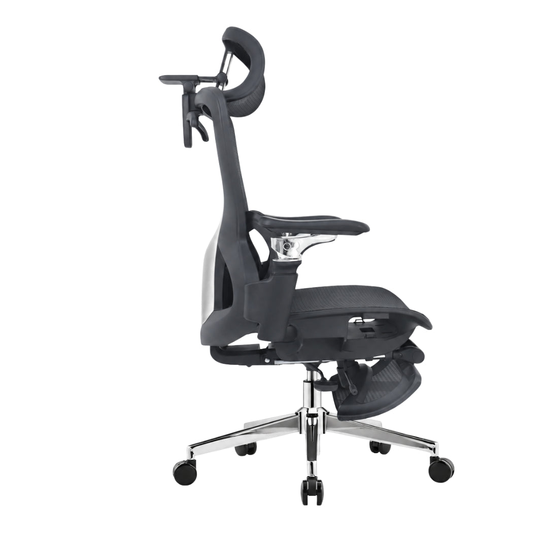 Reiko Elion ergonomic chair – Onyx Black, side view with footrest extended