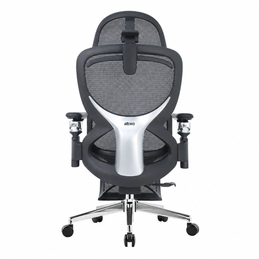 Reiko Elion ergonomic chair – Onyx Black, back view with footrest extended