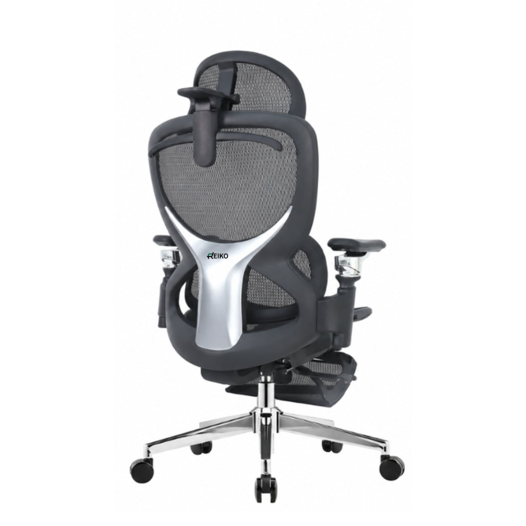 Reiko Elion ergonomic chair – Onyx Black, back angle view with footrest extended