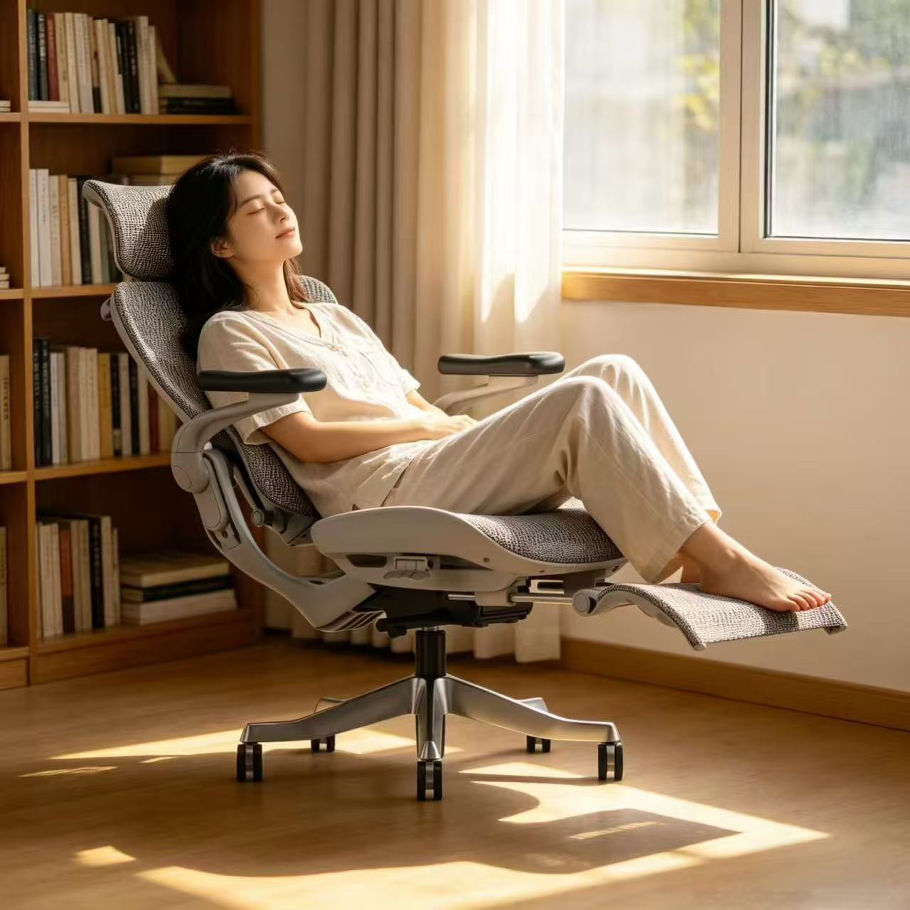 Person reclining on Reiko Apex full-mesh ergonomic chair
